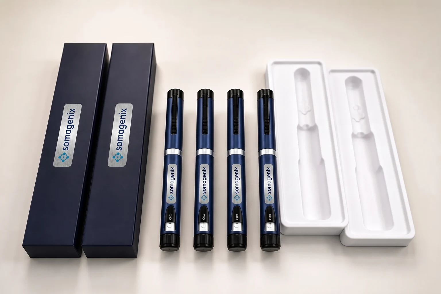 the rx pen system: boxes, four silver-label pens, and cartridge trays